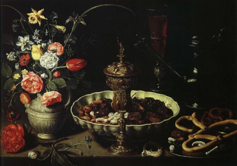PEETERS, Clara bord med blomvas och torkad frukt France oil painting art
